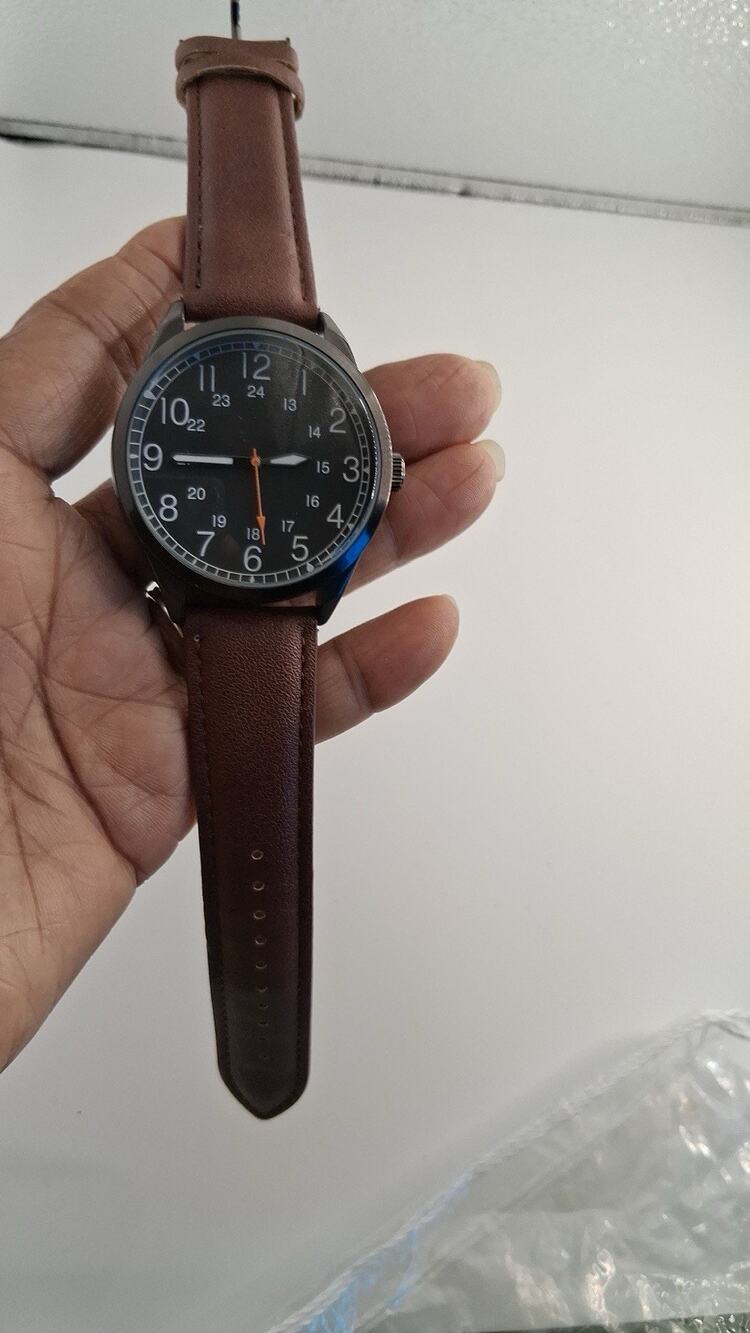 FMD Mens Military Field Watch Black Dial 24 Hr Time Brown Strap FMDMD125